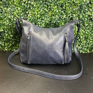 Navy blue leather crossbody bag with adjustable strap